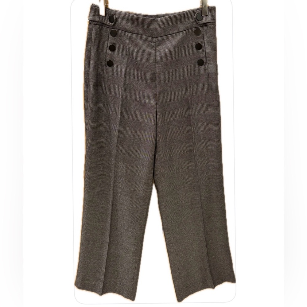 H&M NWOT Grey/Black Plaid Flat Front Straight Wide Leg High Rise Career Pants 89